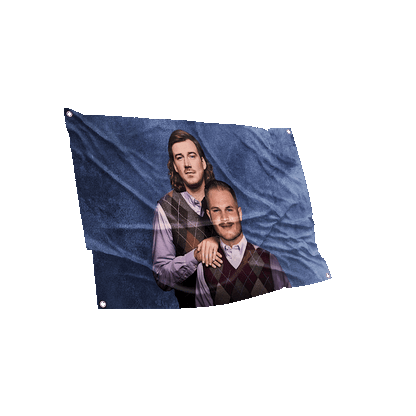 Creative flag portraying musicians in a Step Brothers pose, a unique room accent for fans of the genre.