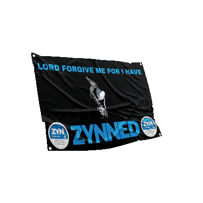 3D render of a draped 'Zynned' flag with a cartoon rabbit and blue text against a black background.