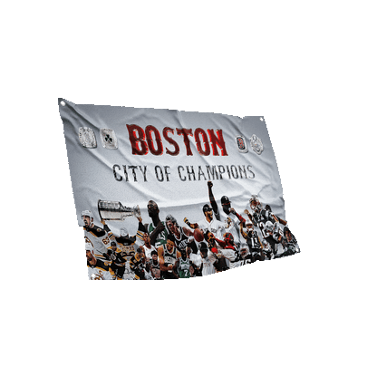 Wrinkled flag featuring Boston sports icons with 'City of Champions' slogan against a grayscale backdrop
