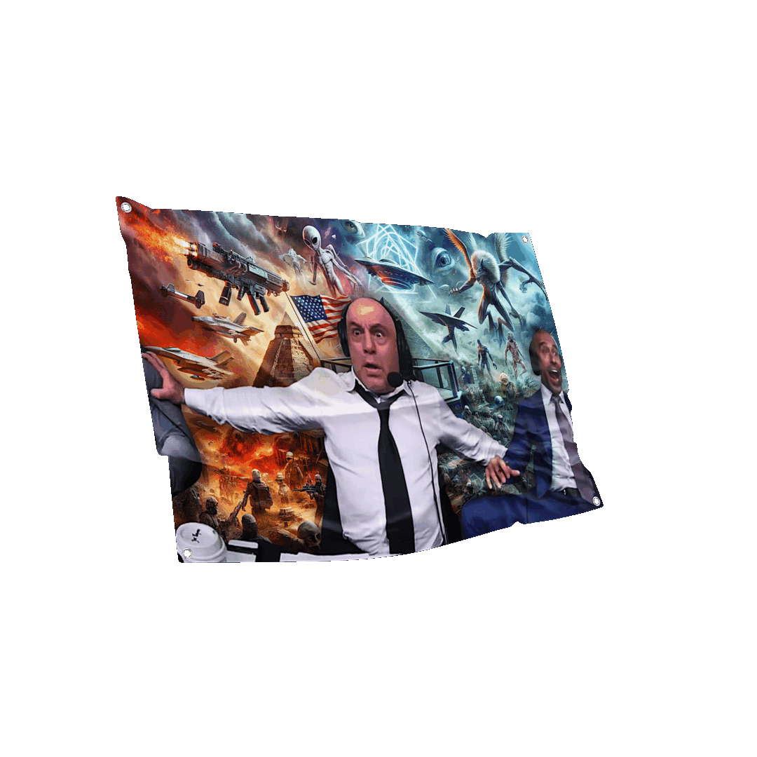 Surreal sci-fi themed Joe Rogan wall flag with comedic elements, ideal for quirky room decor.