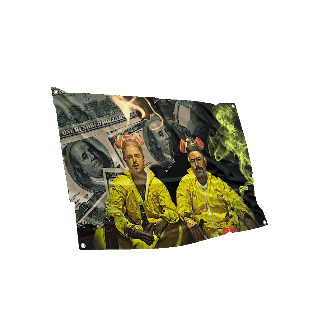 Flag with iconic television show characters in yellow protective suits against a backdrop of burning hundred dollar bills and rising green smoke