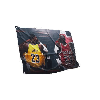 Dynamic basketball flag with legendary player caricatures, designed for the sports enthusiast’s space.