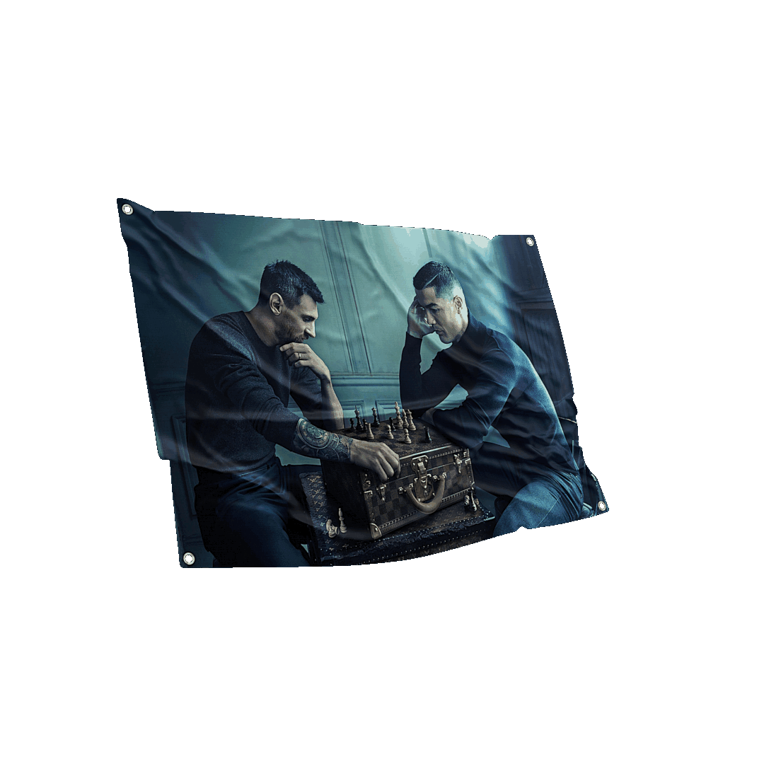 Moody and cinematic flag featuring a tense chess duel between messi and ronaldo, suitable for creating a thoughtful ambiance in any room.