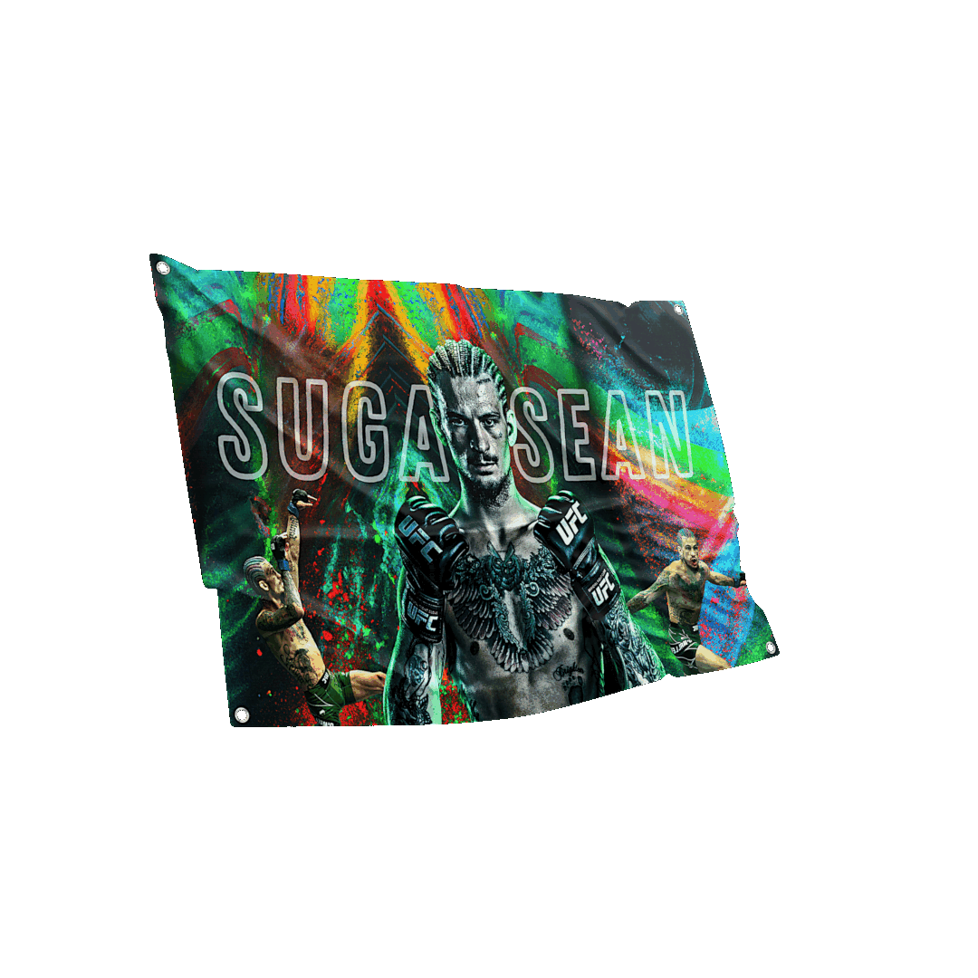 Action-packed 'Sugar Sean' UFC flag with psychedelic background, great for creating a lively room atmosphere.