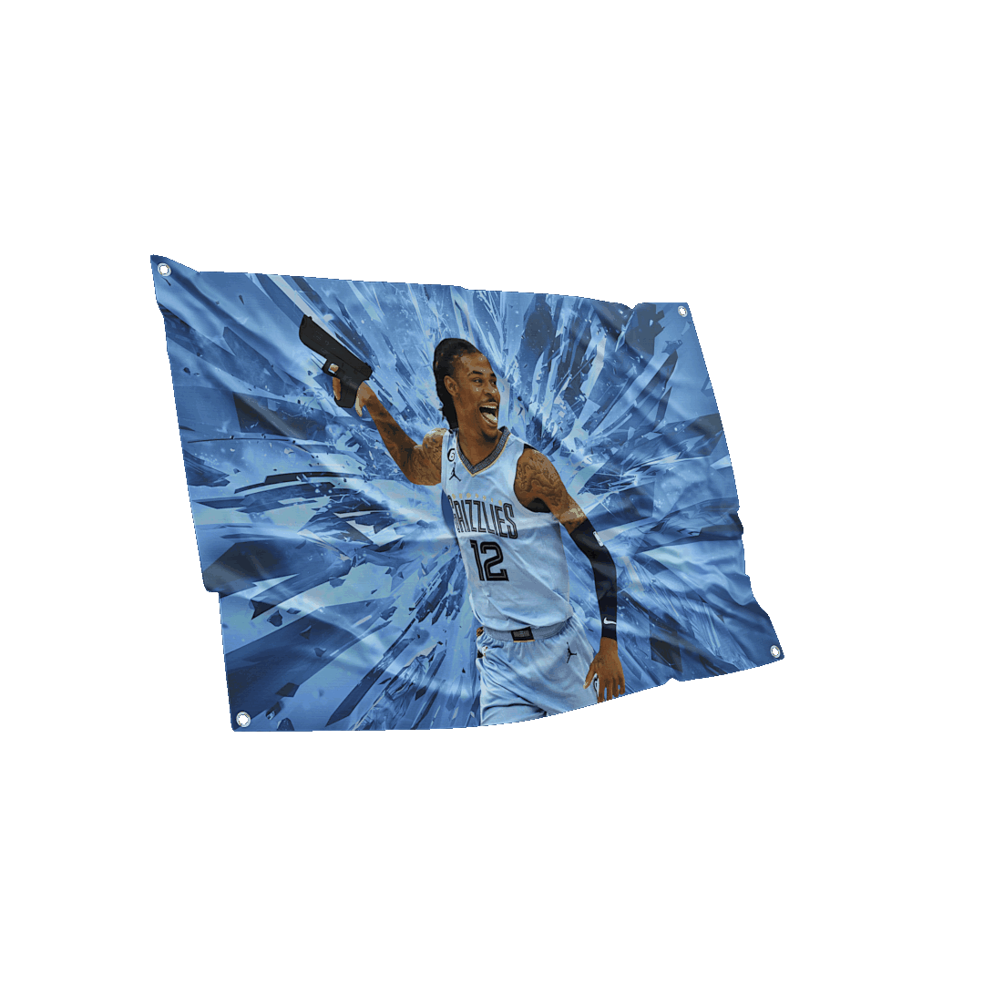 Vividly printed wall flag showing a basketball player with a handgun superimposed on an explosive blue shattered glass design