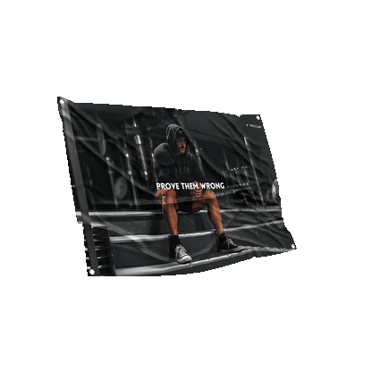 Dramatic black and white motivational dorm flag depicting a hooded athlete taking a break during a workout session, with a bold inspirational quote