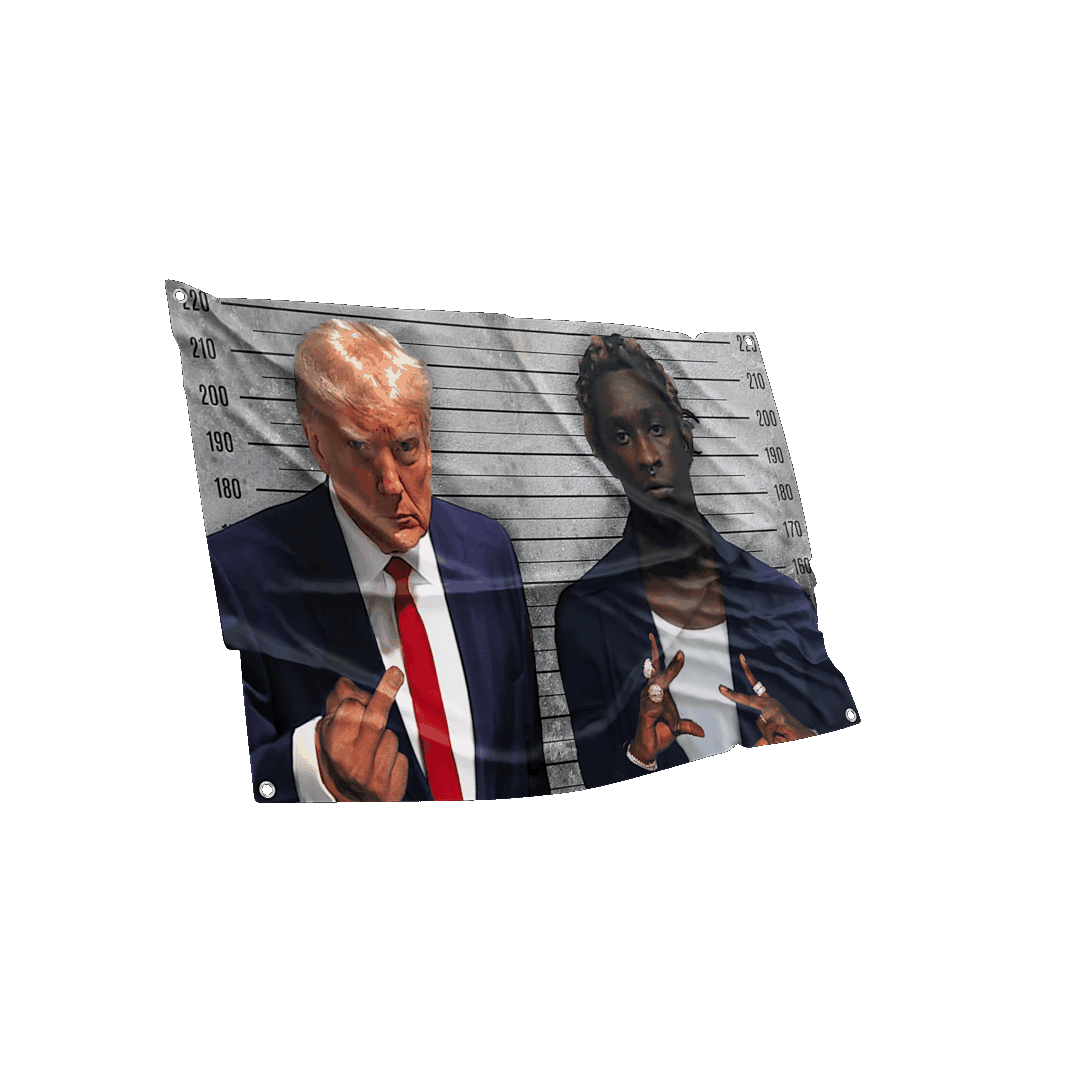 Humorous caricature flag of Trump and Young Thug in mugshots, blending political satire with pop culture.