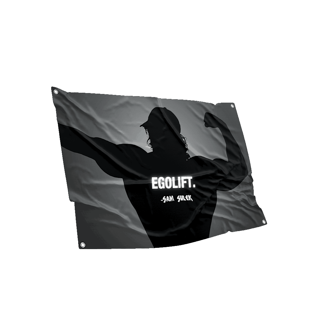 Animated 3D view of the Sam Sulek flag, emphasizing the powerful silhouette and motivational text "EGOLIFT.", showcasing its sturdy polyester material and vibrant 4K ultra HD print, perfect for gym enthusiasts.