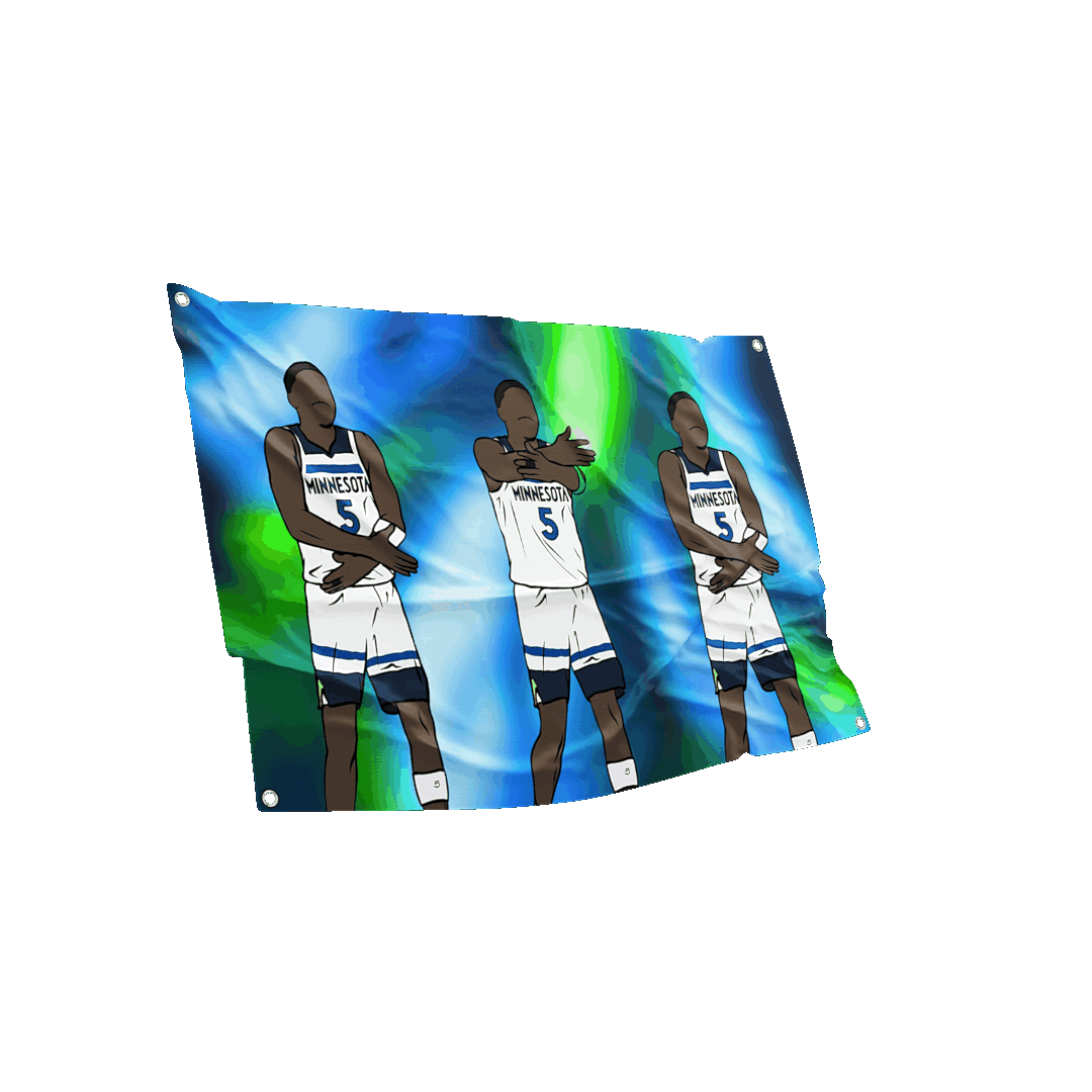 Eye-catching 3D view of the Anthony Edwards flag showcasing the dynamic illustrations and vibrant blue and green background, ideal for enhancing a sports-themed space.