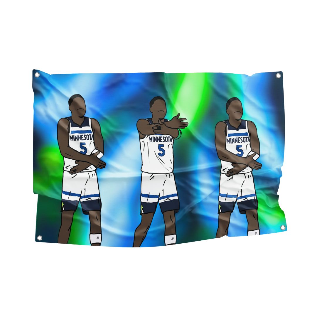 Vibrant Anthony Edwards flag featuring three dynamic illustrations of the Minnesota Timberwolves player in action poses against a colorful blue and green background, perfect for NBA fans and dorm room decor.