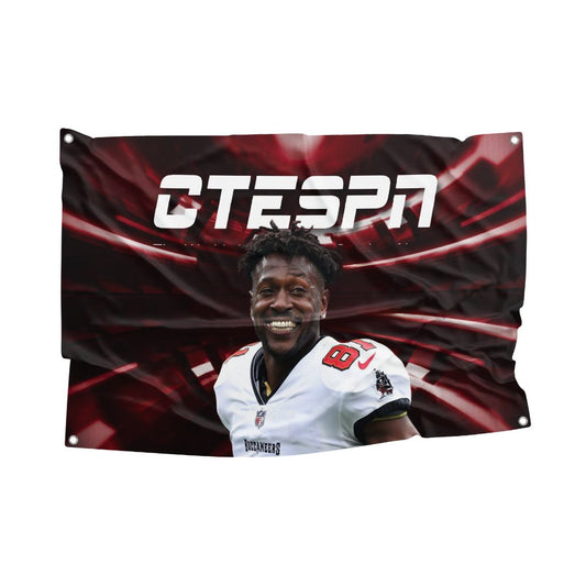 Bold Antonio Brown CTESPN flag featuring a dynamic red and black background with a high-resolution image of the Tampa Bay Buccaneers player, perfect for NFL enthusiasts and sports decor.