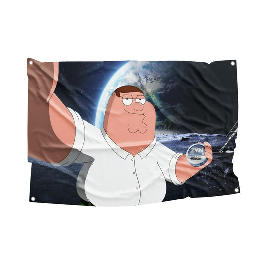 Peter Griffin holding a Zyn can flag, featuring a space background, made from sturdy polyester blend with ultra HD printing and rust-free metal grommets.