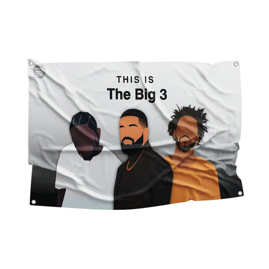 The Big 3 Rap flag featuring caricatures of Kendrick Lamar, Drake, and J. Cole on a white backdrop, titled 'This Is The Big 3', designed to mimic a Spotify playlist.
