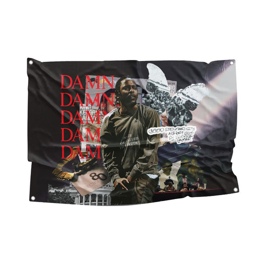 Kendrick Lamar flag featuring a collage of imagery from his iconic albums, including "DAMN" in bold red letters, and various artistic elements like butterflies, dollar bills, and impactful scenes from his music videos, perfect for fans of Kendrick Lamar and hip-hop enthusiasts.