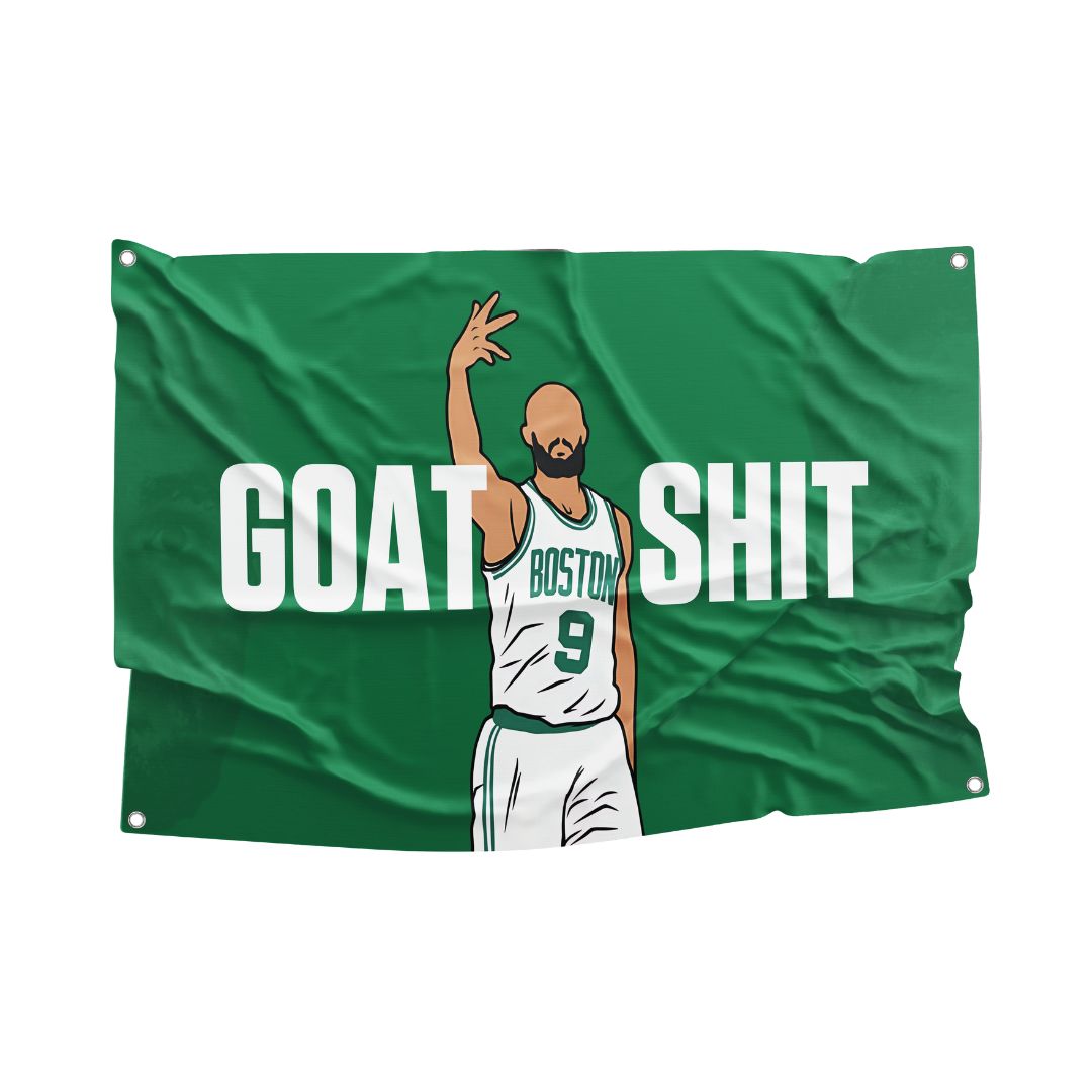 Green flag featuring a cartoon illustration of Derrick White in a Boston Celtics uniform with the bold text 'GOAT SHIT,' perfect for basketball fans and dorm room decor.