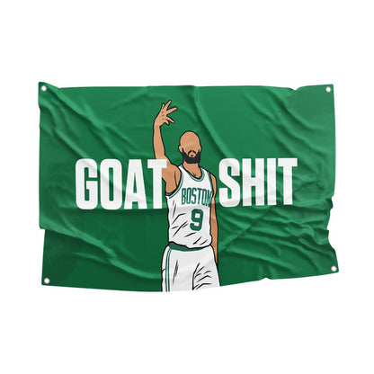 Green flag featuring a cartoon illustration of Derrick White in a Boston Celtics uniform with the bold text 'GOAT SHIT,' perfect for basketball fans and dorm room decor.