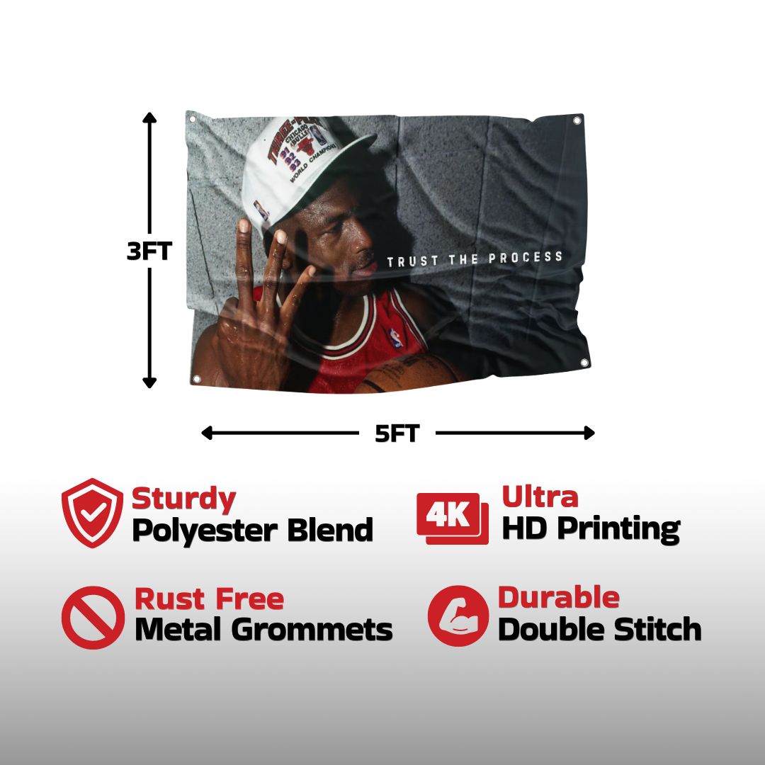 Michael Jordan flag with high-quality polyester blend, stunning 4K ultra HD printing, rust-free metal grommets, and durable double-stitching, ensuring a long-lasting and vibrant decoration.