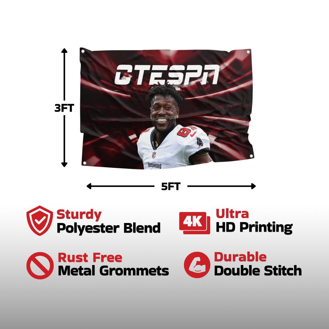 Antonio Brown CTESPN flag with sturdy polyester blend, ultra HD printing, rust-free metal grommets, and durable double-stitch construction, ensuring long-lasting quality