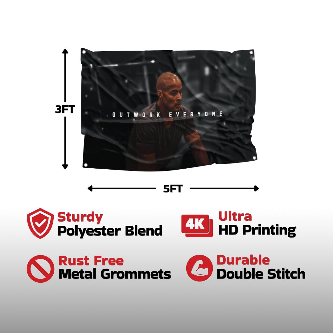 David Goggins flag made from a sturdy polyester blend with ultra HD printing, rust-free metal grommets, and durable double-stitch construction, ensuring long-lasting quality.