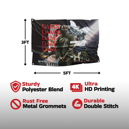 Kendrick Lamar flag made from a sturdy polyester blend with ultra HD printing, rust-free metal grommets, and durable double-stitch construction, ensuring high quality and durability.