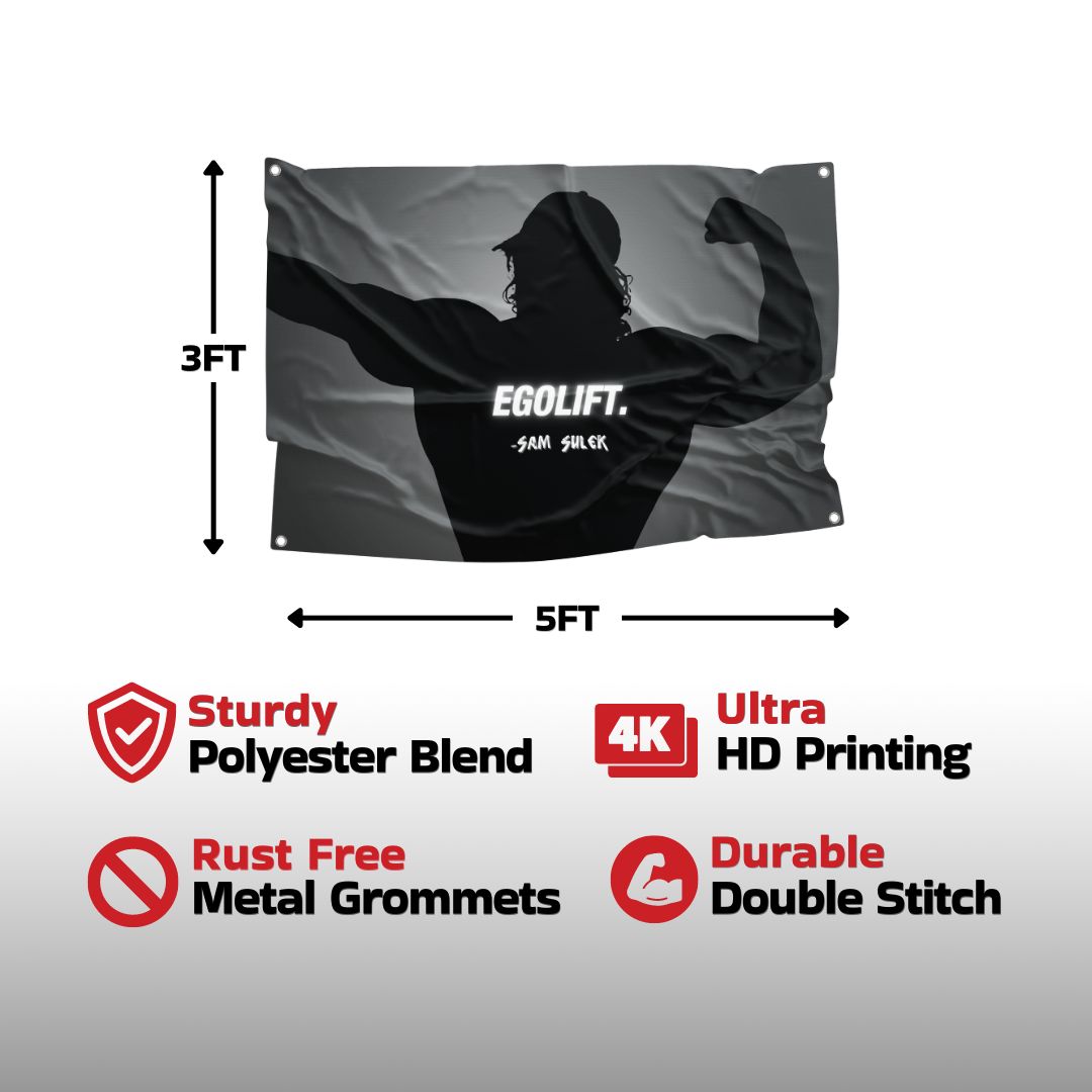 The Sam Sulek flag features a high-quality polyester blend, detailed 4K ultra HD printing, rust-free metal grommets, and durable double-stitching, ensuring longevity and vibrant design, perfect for gym decor.
