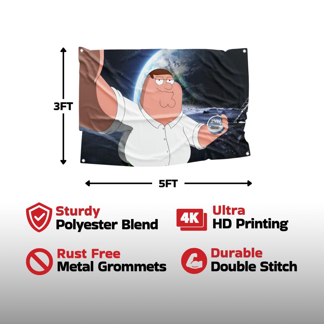 Peter Griffin holding a Zyn can flag with high-quality polyester blend, stunning 4K ultra HD printing, rust-free metal grommets, and durable double-stitching, ensuring a long-lasting and vibrant decoration.