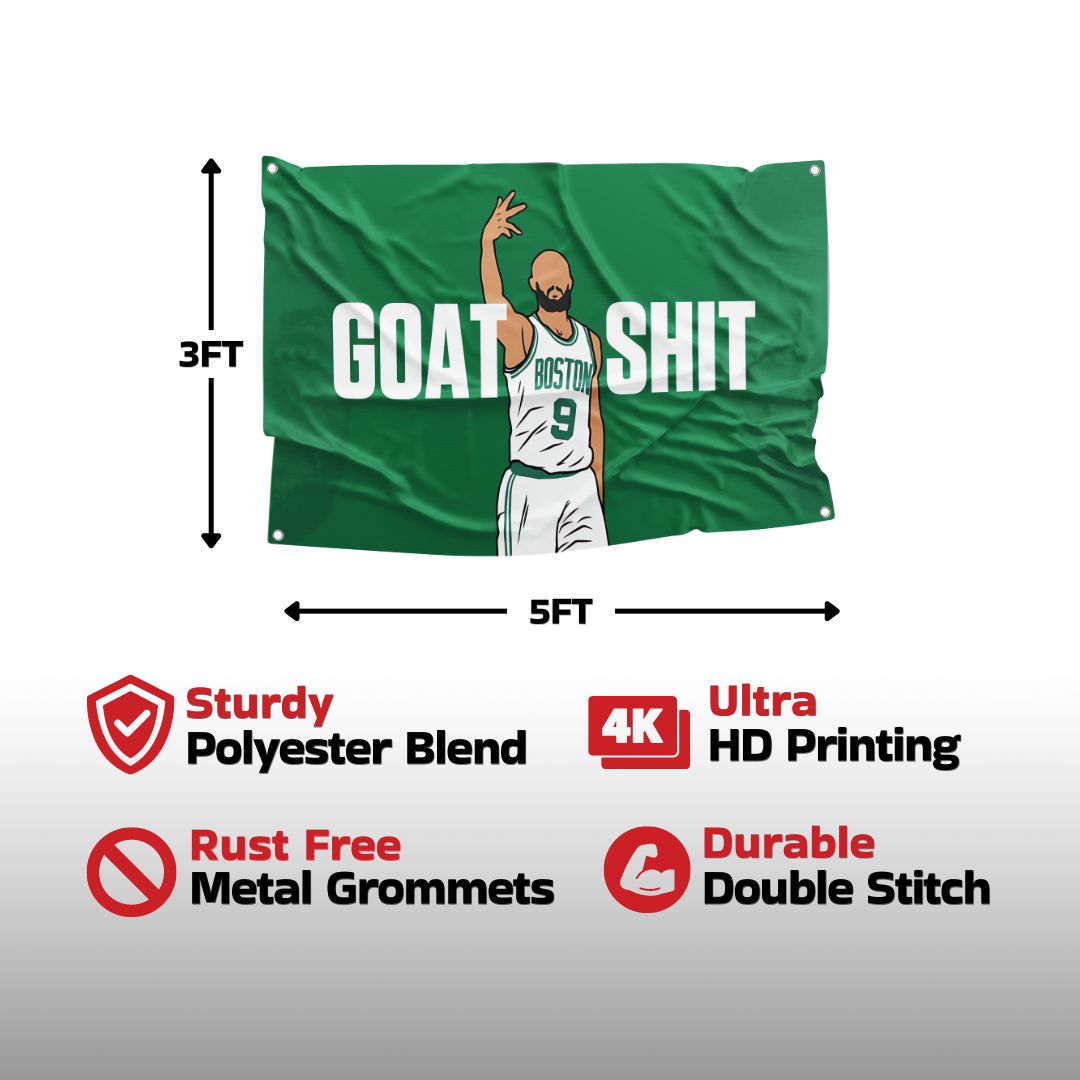 Detailed view of the 'GOAT SHIT' flag showcasing its durable polyester blend, 4K ultra HD printing, rust-free metal grommets, and double-stitched edges, ensuring longevity and vibrant colors