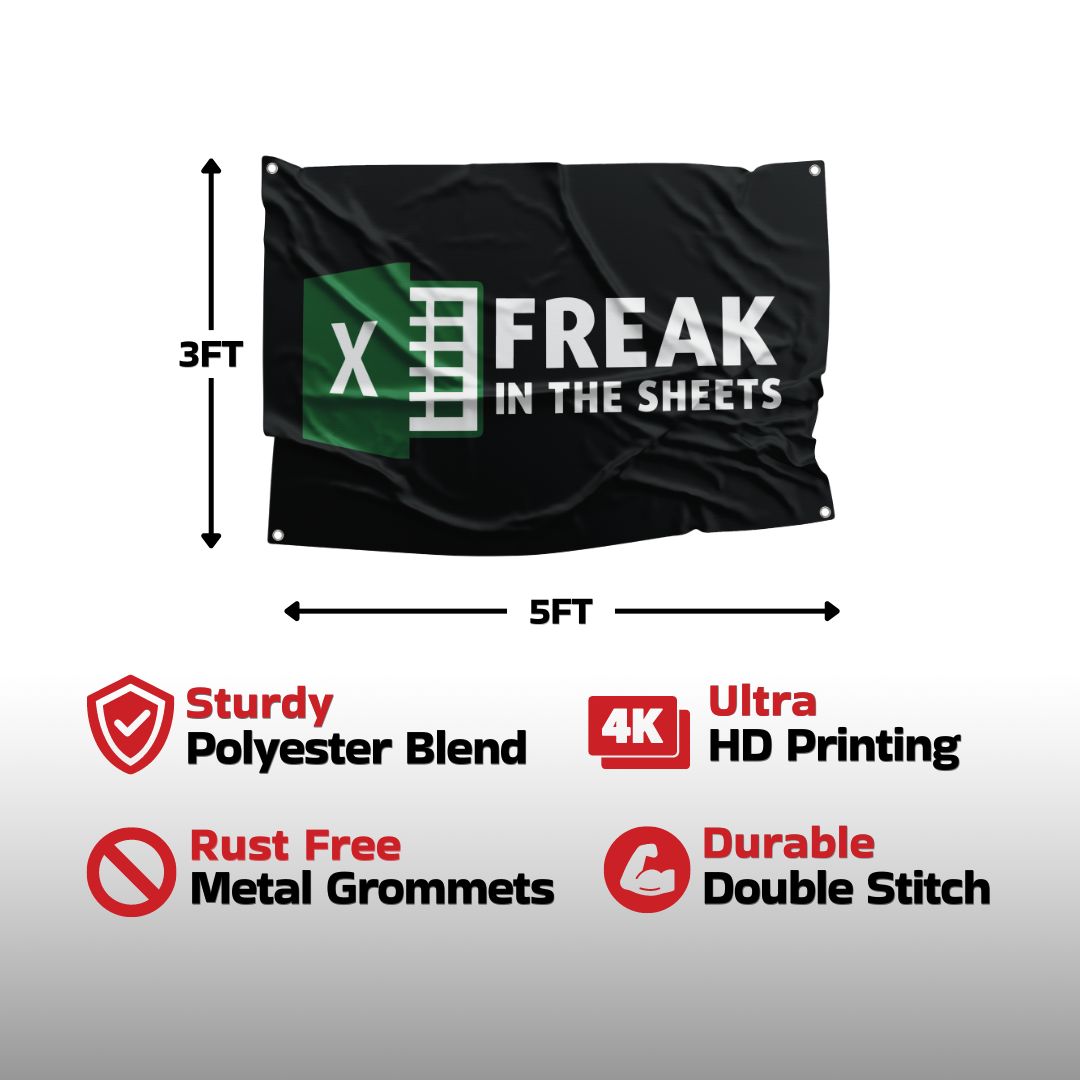 Detailed features of 'Freak in the Sheets' flag showcasing its sturdy polyester blend, 4K ultra HD printing, and rust-free metal grommets