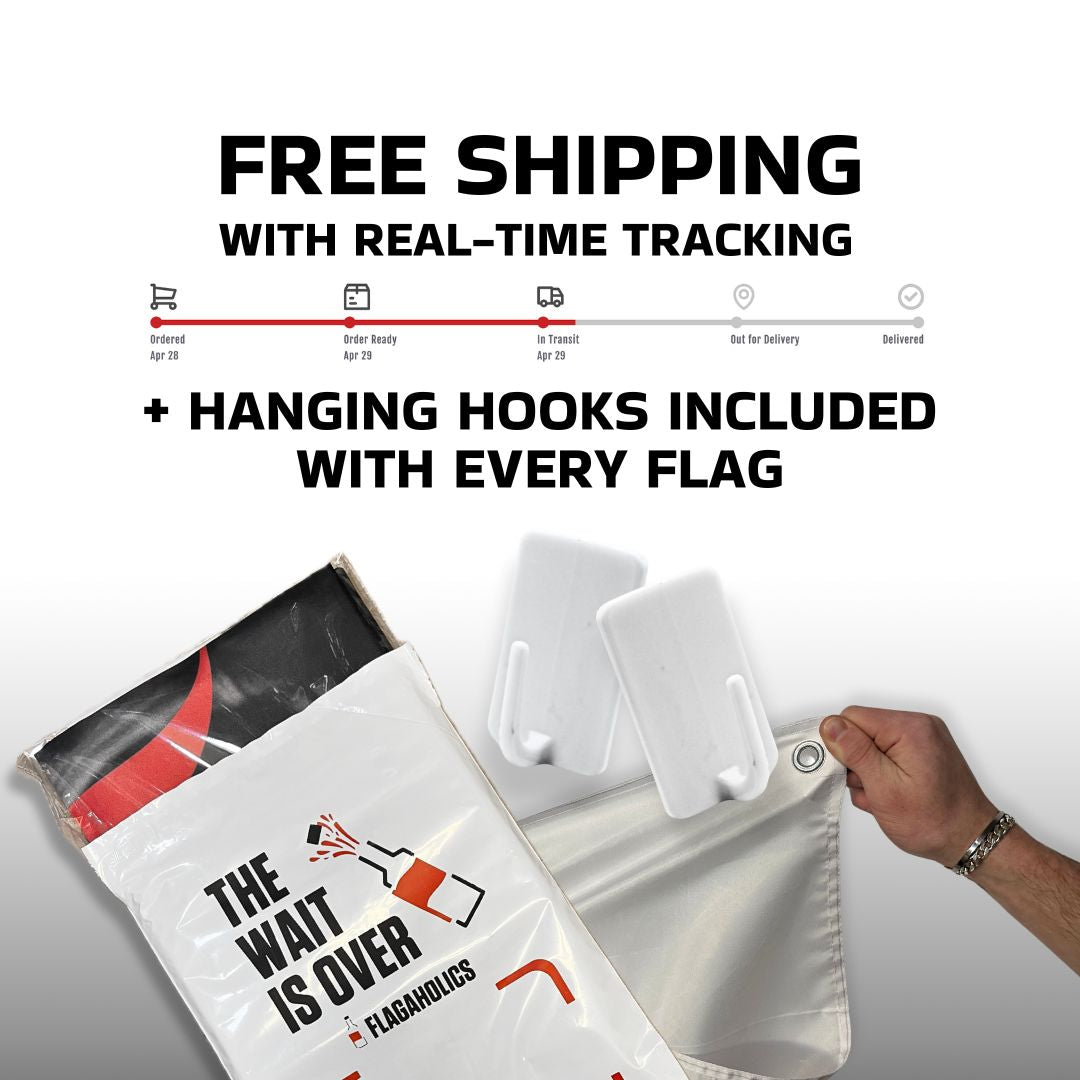 Promotional image highlighting Flagaholics' free shipping with real-time tracking and included hanging hooks. Displaying the packaging with a sleek flag design, and demonstrates the sturdy grommets for easy hanging. Perfect for showcasing the convenience and quality of Flagaholics flags.