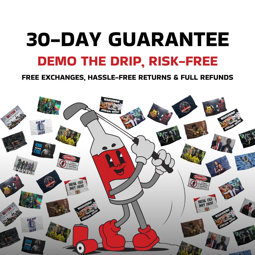 Image showcasing Flagaholics' 30-day guarantee with the tagline 'Demo the Drip, Risk-Free.' Features a playful mascot surrounded by a colorful collage of various flag designs, including humorous, pop culture, and sports-themed options. Highlights free exchanges, hassle-free returns, and full refunds, emphasizing customer satisfaction and a worry-free shopping experience.