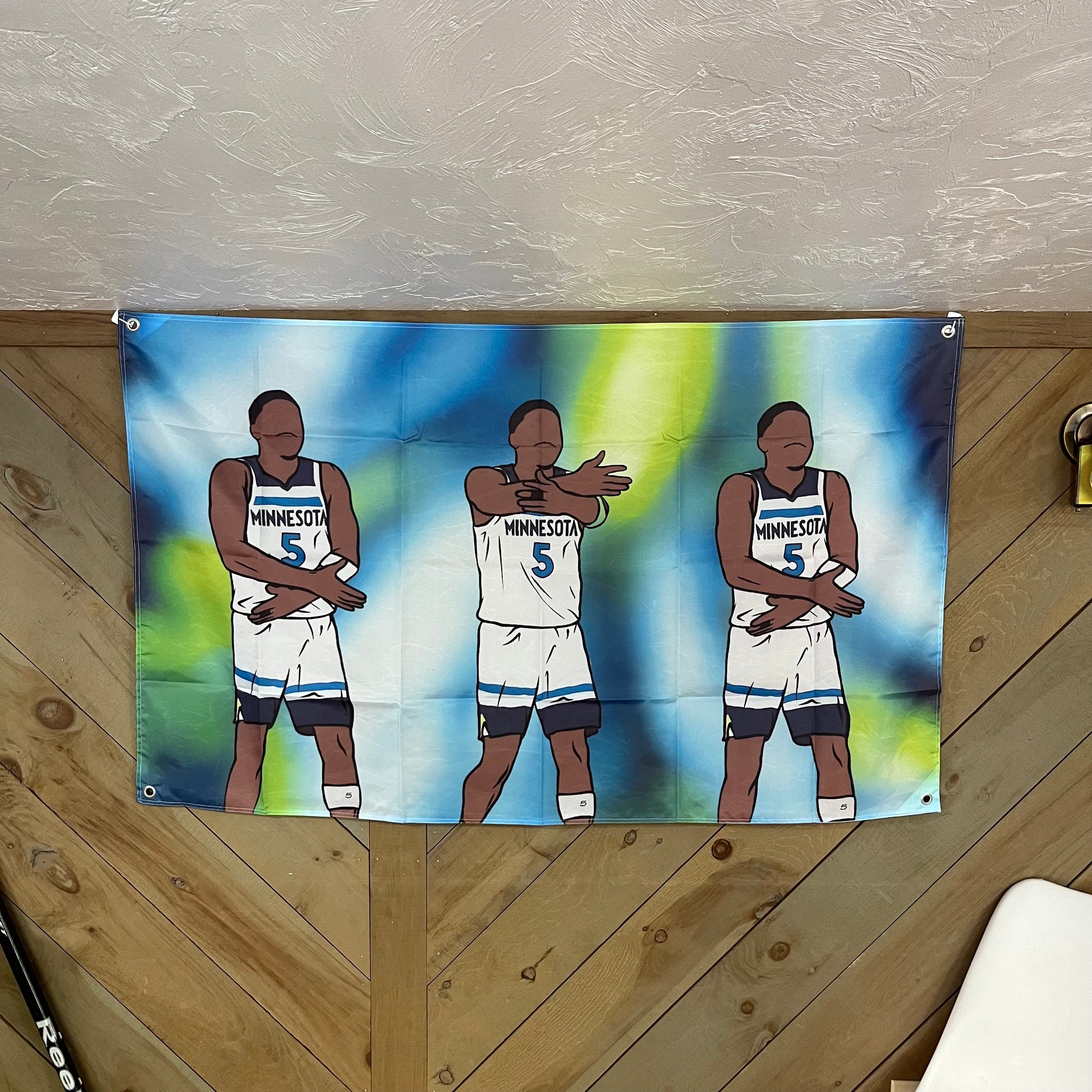 Anthony Edwards flag displayed in a stylish room, adding a touch of NBA pride to the decor, perfect for basketball enthusiasts and college dorm rooms.