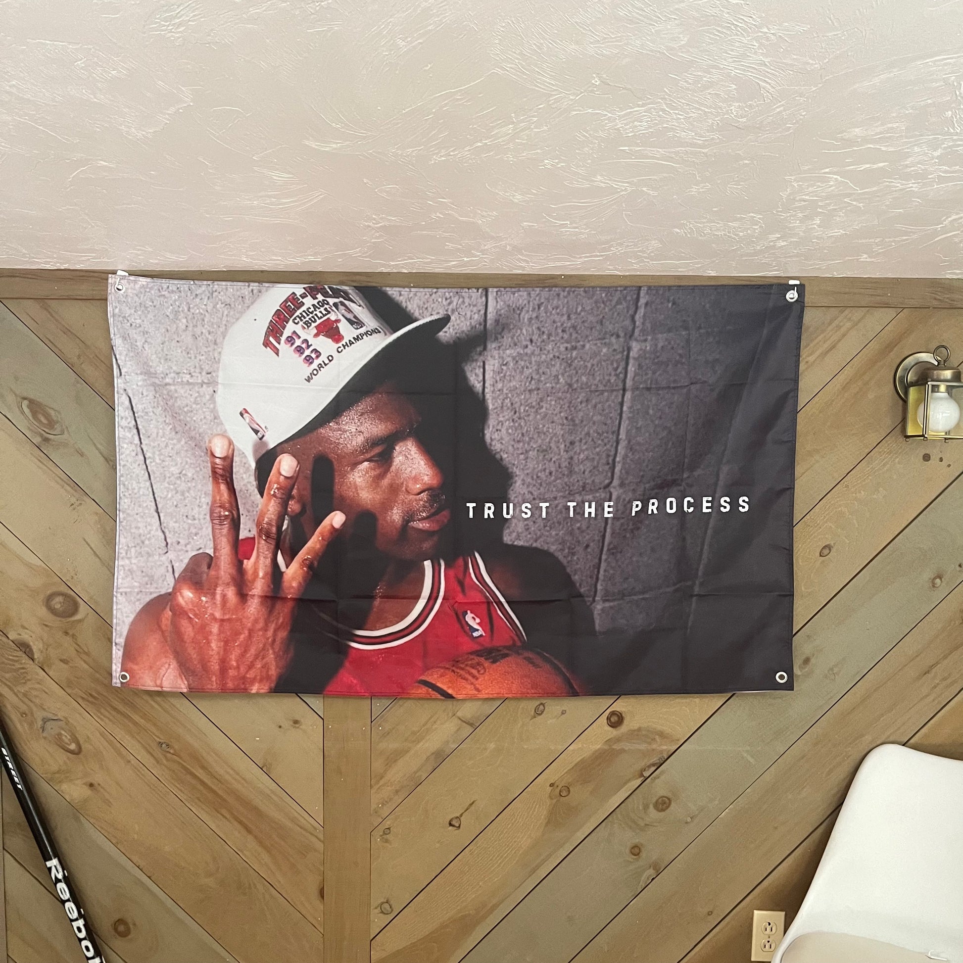 Room decor featuring the Michael Jordan flag, adding a touch of inspiration and iconic sports imagery, perfect for basketball fans and motivators.