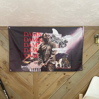 Kendrick Lamar flag displayed in a contemporary room, highlighting the artistic and impactful collage design, ideal for adding a unique and stylish touch to any space.