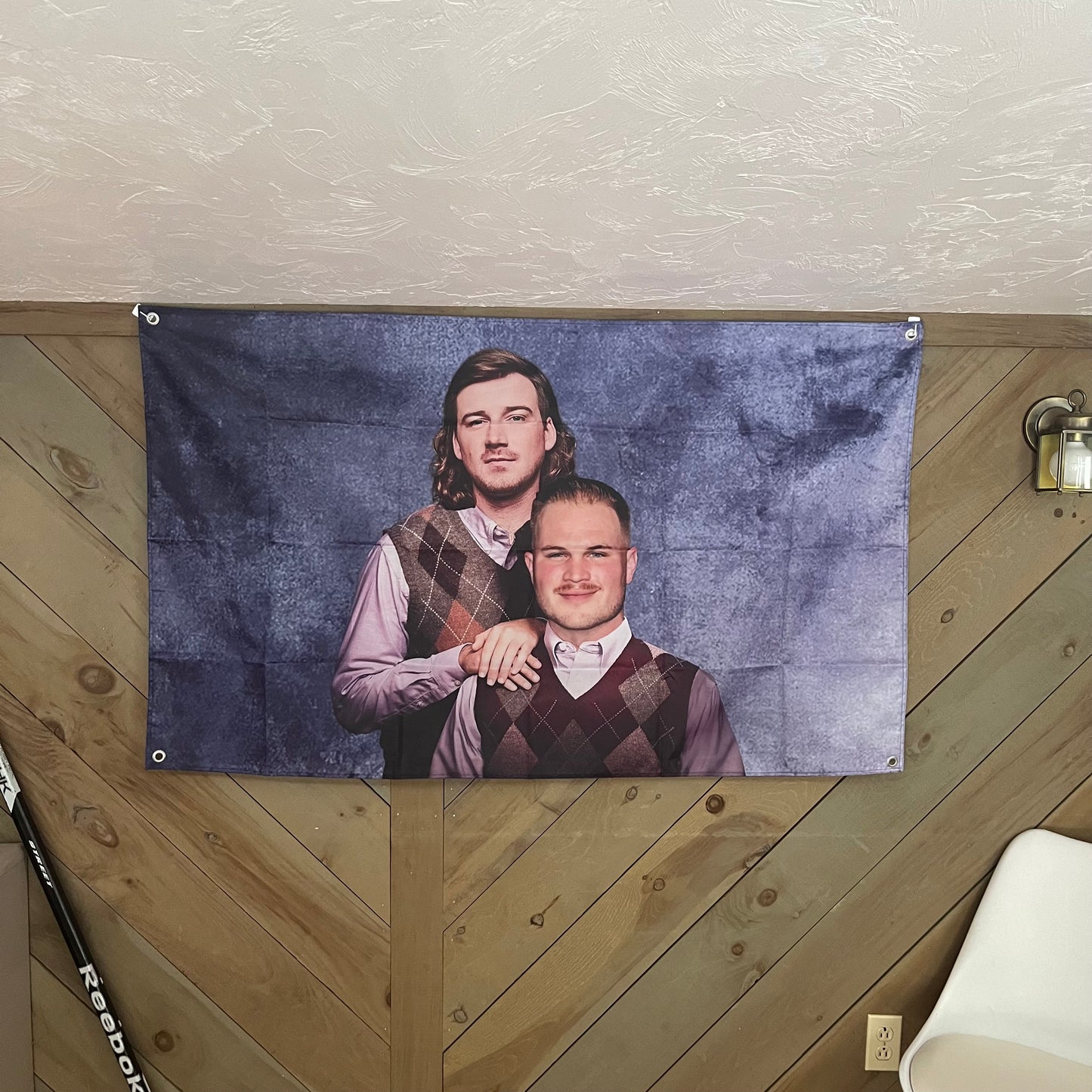 Morgan Wallen & Zach Bryan flag displayed in a stylish room, adding a touch of humor and personality for fans of the popular country musicians, ideal for unique home decor.