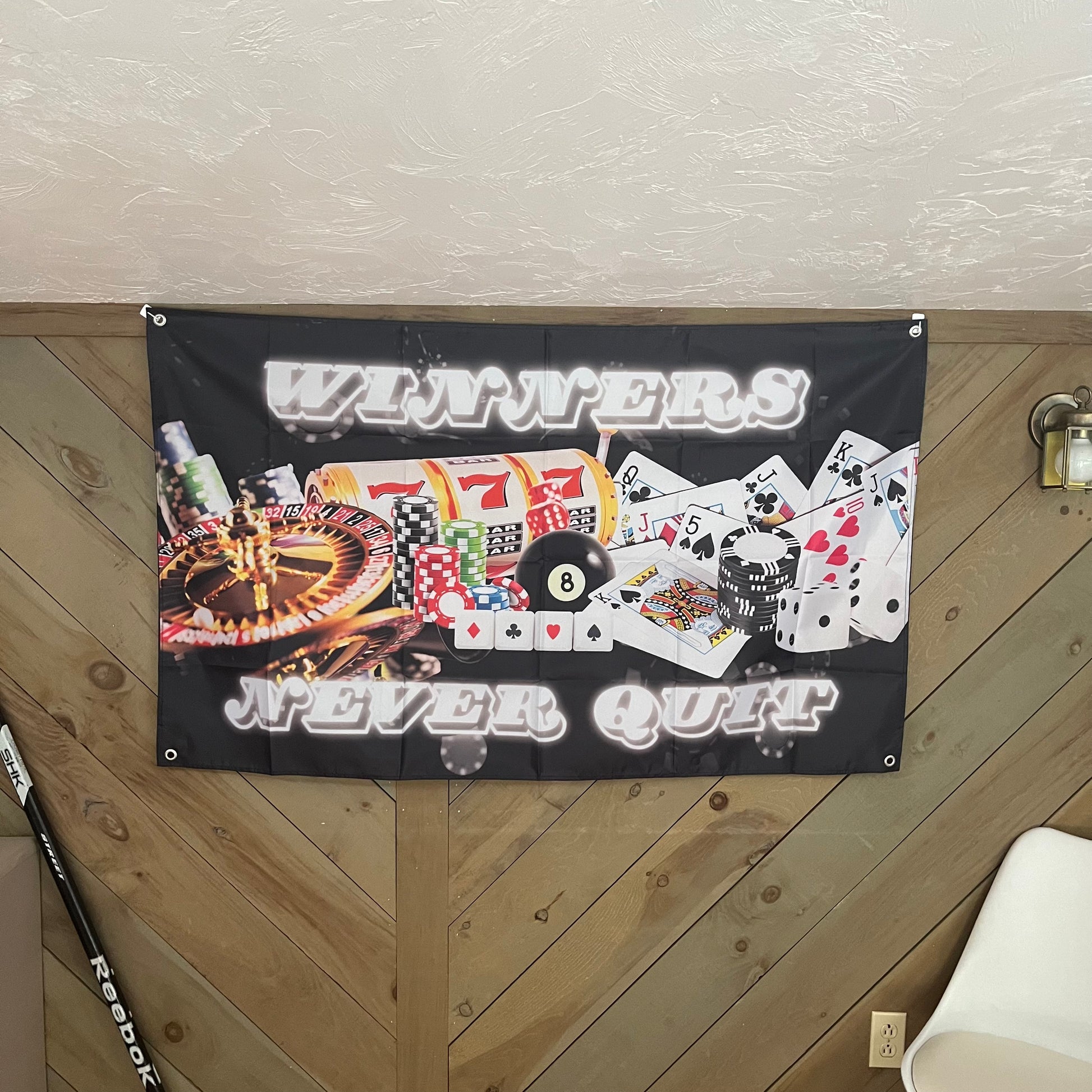 Funny gambling flag displayed in a stylish room, emphasizing the colorful casino-themed design and motivational text, perfect for game rooms and party decorations.