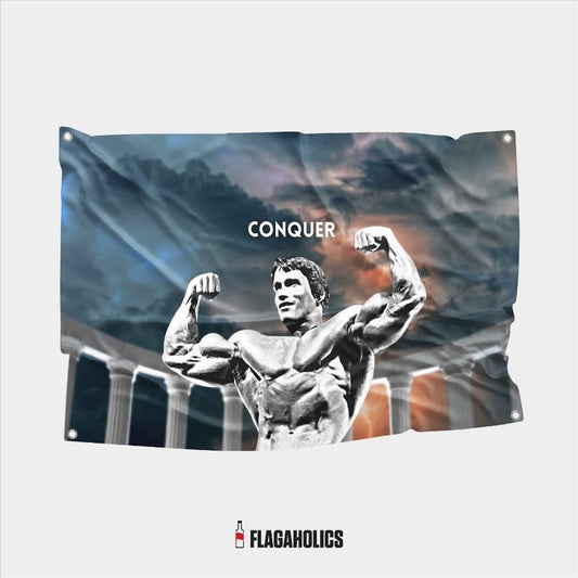 Our motivational Arnold Schwarzenegger wall flag is a perfect gym flag. Easy to hang in your college dorm room or gym. 