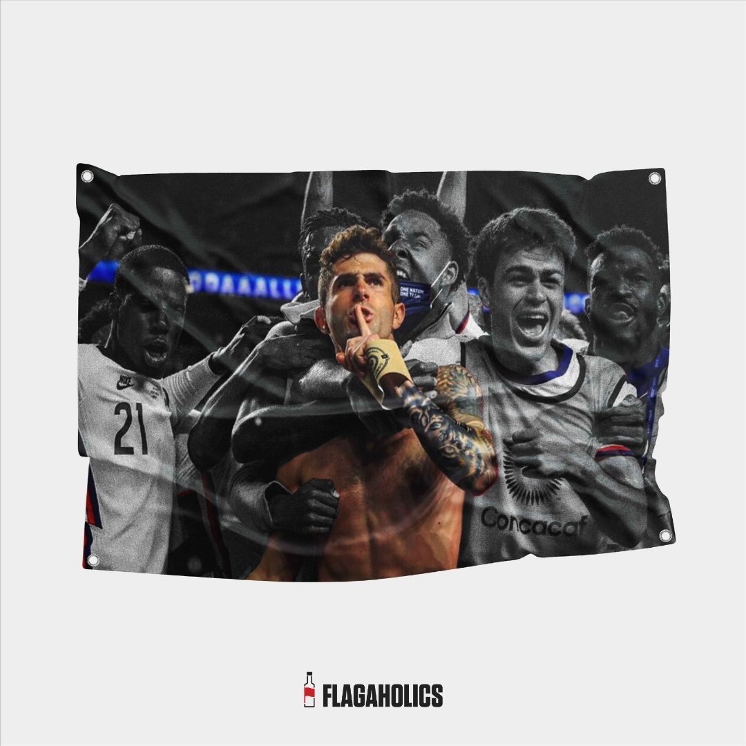 Christian Pulisic flag hitting a crazy celly, perfect to support USA Soccer and upgrade your college dorm room in style. 
