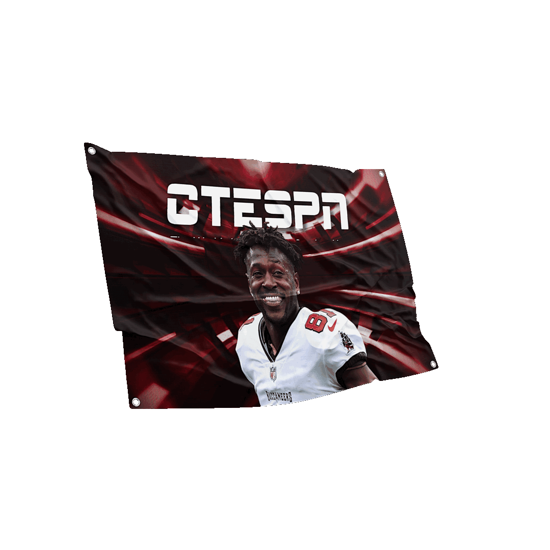 Engaging 3D view of the Antonio Brown CTESPN flag, showcasing the vibrant red and black background with the smiling NFL star, ideal for a sports-themed room